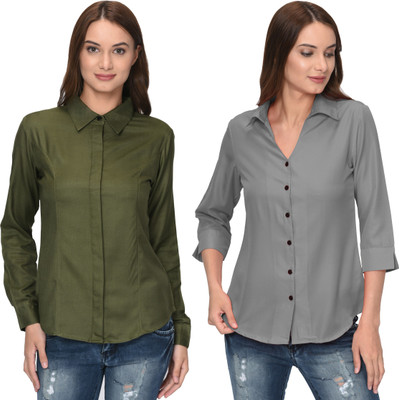 Thisbe Women Solid Casual Green, Grey Shirt(Pack of 2)