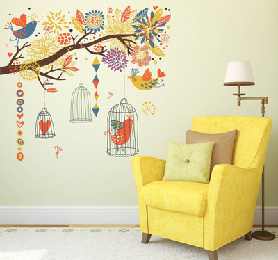 Wallzone 80 cm Colorful Birds Cages Removable Sticker(Pack of 1)