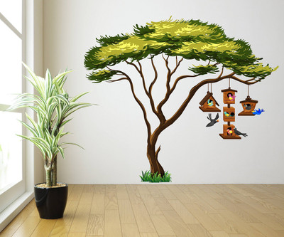Wallzone 100 cm Tree With Birds Cages Removable Sticker(Pack of 1)