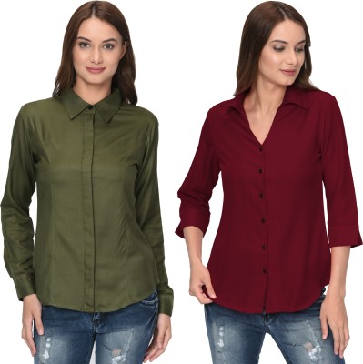 Thisbe Women Solid Casual Green, Maroon Shirt(Pack of 2)