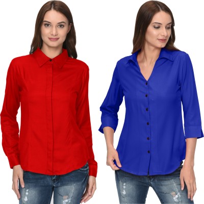 Thisbe Women Solid Casual Red, Blue Shirt(Pack of 2)