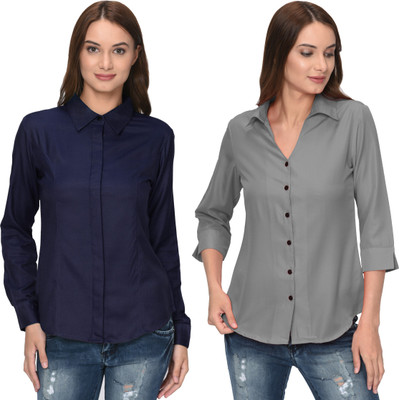 Thisbe Women Solid Casual Dark Blue, Grey Shirt(Pack of 2)