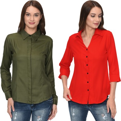 Thisbe Women Solid Casual Red, Green Shirt(Pack of 2)