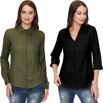 Thisbe Women Solid Casual Green, Black Shirt(Pack of 2)