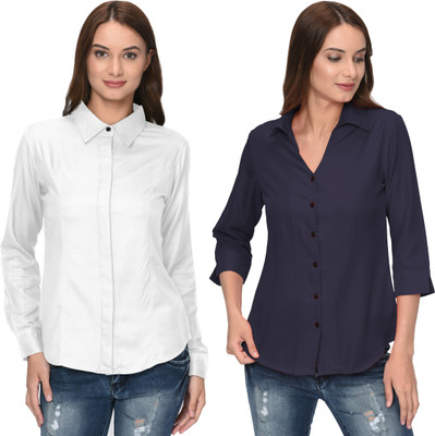 Thisbe Women Solid Casual Dark Blue, White Shirt(Pack of 2)