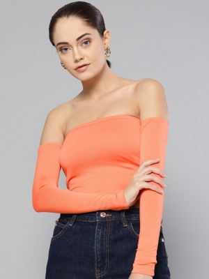 VENI VIDI VICI Casual Regular Sleeve Self Design Women Pink, Orange Top