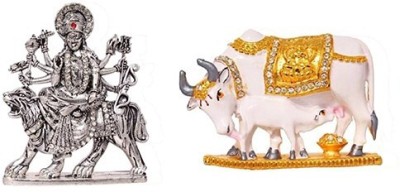 Kanhagift Set of 2 Goddess Durga Devi Statue & Kamdhenu Cow And Calf Idol - Handicraft Decorative Home & Temple Décor God Figurine Decorative Showpiece  -  7.62 cm(Brass, Multicolor)