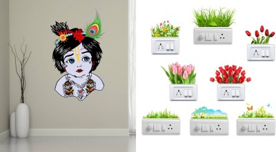 Walltech 36 cm bal krishna With Flowers Switch Board Sticker Self Adhesive Sticker(Pack of 8)