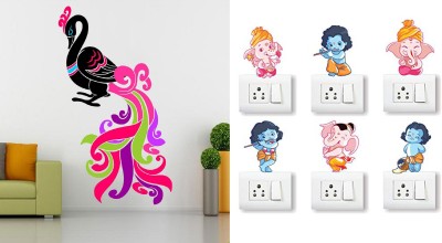 Walltech 10 cm colorful Peacock Ganesh and Friends Switch Board Sticker Self Adhesive Sticker(Pack of 7)