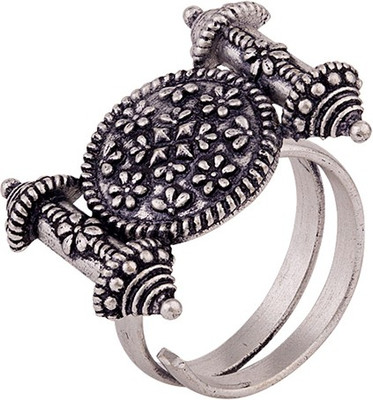 Voylla Nayantara Circle and Scrolls Statement Ring Brass Silver Plated Ring