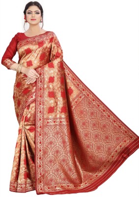 Om Shantam sarees Woven Bollywood Silk Blend, Jacquard Saree(Red)