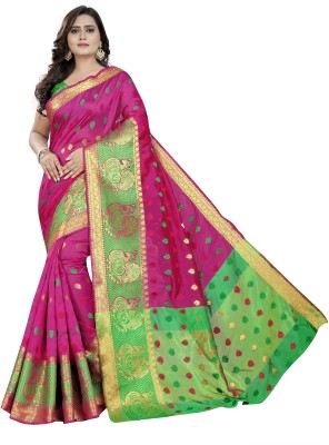 ecolors fab Woven Banarasi Silk Blend, Cotton Blend Saree(Pink)