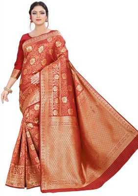 Om Shantam sarees Woven Bollywood Silk Blend Saree(Red)
