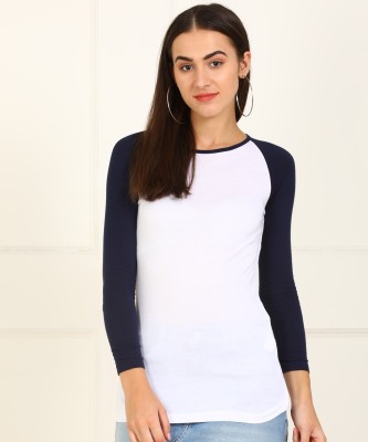 Tokyo Talkies Colorblock Women Round Neck Dark Blue, White T-Shirt