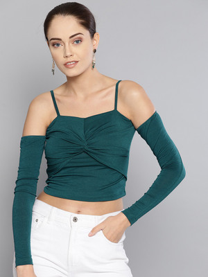 VENI VIDI VICI Casual Cold Shoulder Solid Women Dark Green Top