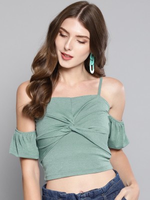 VENI VIDI VICI Casual Cold Shoulder Solid Women Green Top