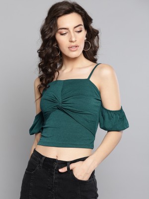 VENI VIDI VICI Casual Cold Shoulder Solid Women Green Top