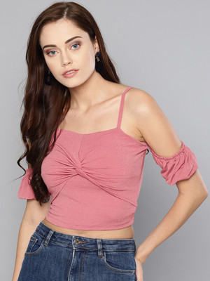 VENI VIDI VICI Casual Cold Shoulder Solid Women Pink Top