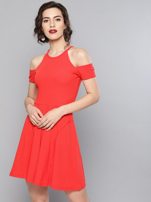 VENI VIDI VICI Women Fit and Flare Red Above Knee/Mid Thigh Length Dress