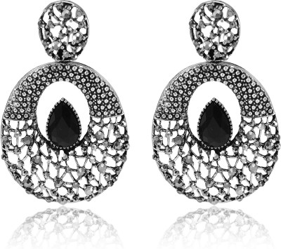 SHI Jewellery German Silver Oxidised Round Black Stone Dangle & Drop Earrings Crystal German Silver Drops & Danglers, Chandbali Earring