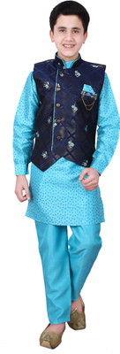 Fourfolds Boys Festive & Party Kurta, Waistcoat and Pyjama Set(Blue Pack of 1)