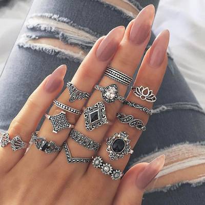 Jewels Galaxy Trendy 15 Pcs Combo Fashion Alloy Crystal Silver Plated Ring Set