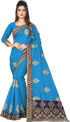 BHAKTI BHUSHAN CREATION Embroidered Bollywood Silk Blend Saree(Light Blue, Gold)