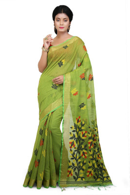 Mystory Self Design, Printed Handloom Cotton Blend Saree(Green)