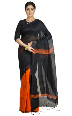 Upama Fabric Striped Handloom Handloom Cotton Linen Saree(Black)