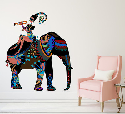 LANSTICK 101.6 cm QUEEN WITH TRUMPET ON MULTI COLOR ELEPHANT STICKER Self Adhesive Sticker(Pack of 1)