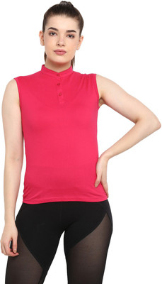 Ap'pulse Solid Women Mandarin Collar Pink T-Shirt
