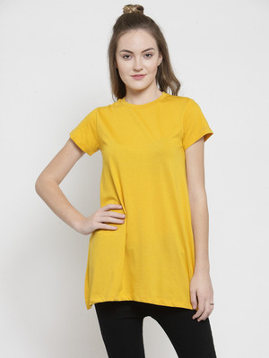 KALT Casual Short Sleeve Solid Women Yellow Top