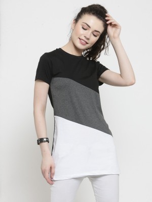 KALT Casual Short Sleeve Color Block Women Grey Top