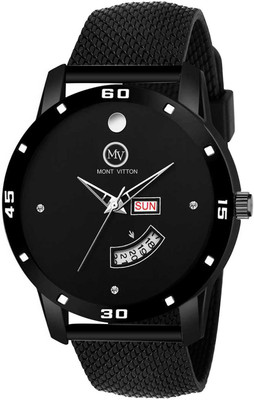 MontVitton Mesh Strap Day and Date Functioning All Black Quartz Watch for...