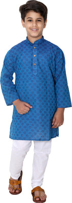 Fourfolds Boys Casual Kurta and Pyjama Set(Blue Pack of 1)