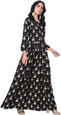DHRUVI Women Printed Flared Kurta(Black)