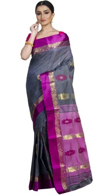 Upama Fabric Self Design Garad Handloom Tussar Silk Saree(Grey)