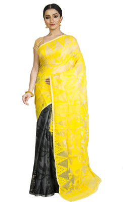 Upama Fabric Self Design Bollywood Handloom Cotton Silk Saree(Black)