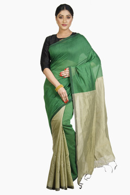 Upama Fabric Color Block Handloom Handloom Cotton Linen Saree(Green)