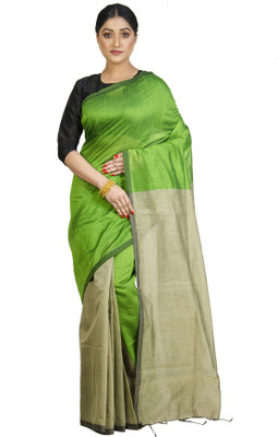 Upama Fabric Self Design Bollywood Handloom Cotton Linen Saree(Green)