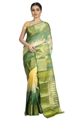 Upama Fabric Woven Bollywood Handloom Tussar Silk Saree(Multicolor)