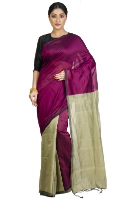 Upama Fabric Color Block Bollywood Handloom Cotton Linen Saree(Magenta)