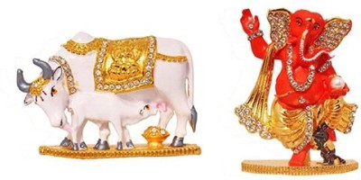 Kanhagift Set of 2 Kamdhenu Cow And Calf Idol Statue & God Ganesh / Ganpati / Lord Ganesha Idol - Statue Gift item Decorative Showpiece Decorative Showpiece  -  5 cm(Brass, Multicolor)