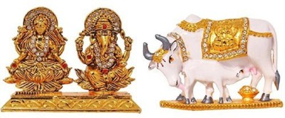 9facts Set of 2 Goddess Laxmi & Lord Ganesha Idol God Statue & Kamdhenu Cow And Calf Idol - Handicraft Decorative Home & Temple Décor God Figurine Decorative Showpiece  -  5 cm(Brass, Multicolor)