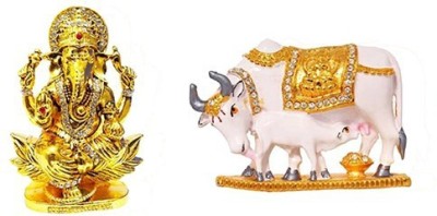 Kanhagift Set of 2 God Ganesh Idol Statue & Kamdhenu Cow And Calf Idol - Handicraft Decorative Home & Temple Décor God Figurine Decorative Showpiece  -  5 cm(Brass, Multicolor)
