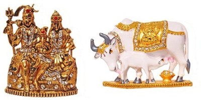 9facts Set of 2 Lord Shiv Parivar Parvati Ganesh Idol God Statue & Kamdhenu Cow And Calf Idol - Handicraft Decorative Home & Temple Décor God Figurine Decorative Showpiece  -  5 cm(Brass, Multicolor)