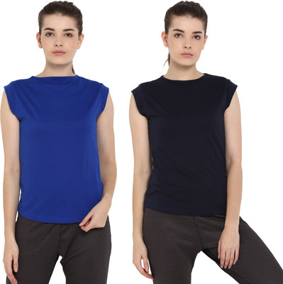Ap'pulse Solid Women Round Neck Dark Blue, Blue T-Shirt