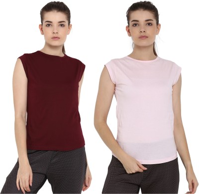 Ap'pulse Solid Women Round Neck Maroon, Pink T-Shirt