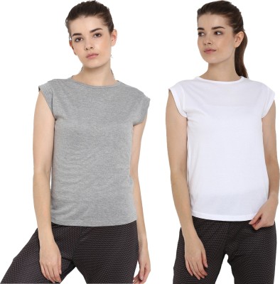 Ap'pulse Solid Women Round Neck White, Grey T-Shirt