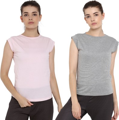 Ap'pulse Solid Women Round Neck Pink, Grey T-Shirt